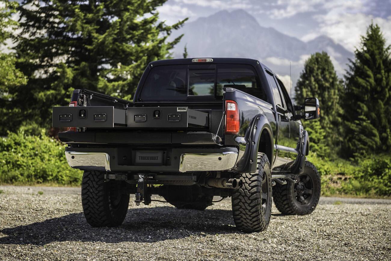 A Ford F-350 with a standard 2 drawer All-Weather TruckVault.