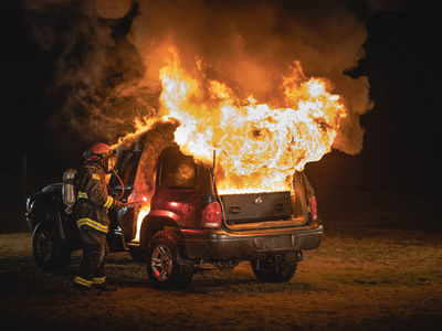Durango burning with TruckVault installed back hatch firefighter igniting vehicle for product testing