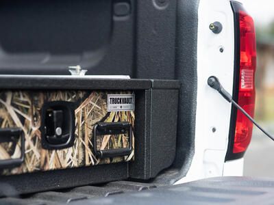 TruckVault All-Weather storage system with Mossy Oak drawer front.