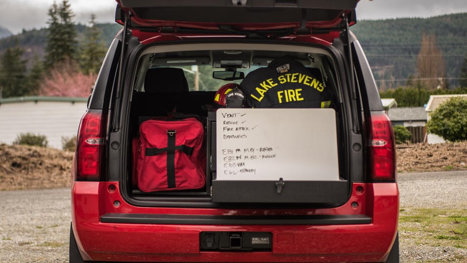 A Responder Line TruckVault in the back of a Chevy Tahoe.