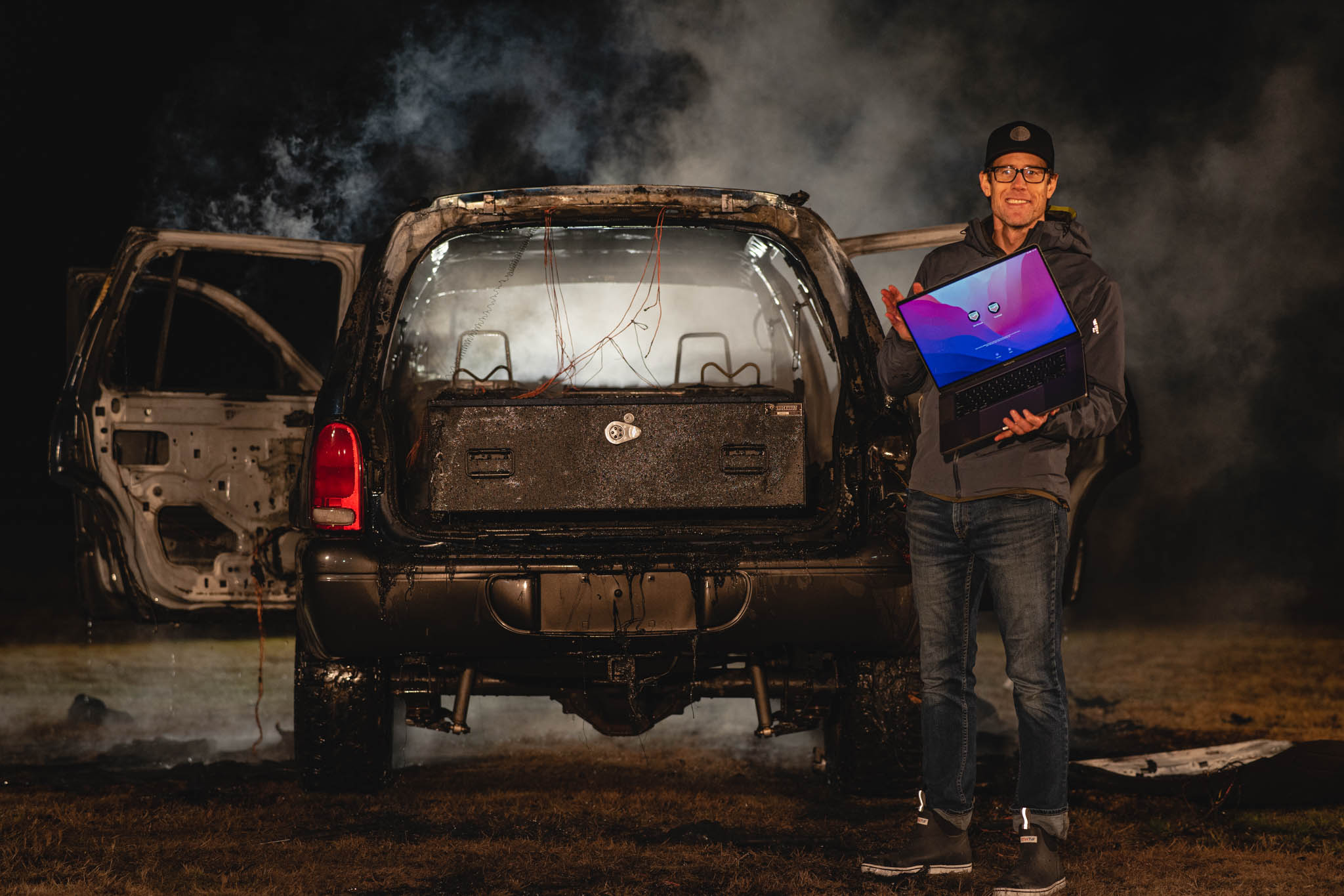 Ross with burnt Durango and TruckVault and working Macbook Pro