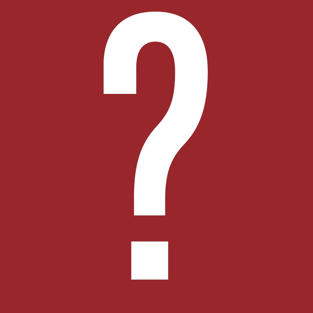 large white question mark on a branded red background
