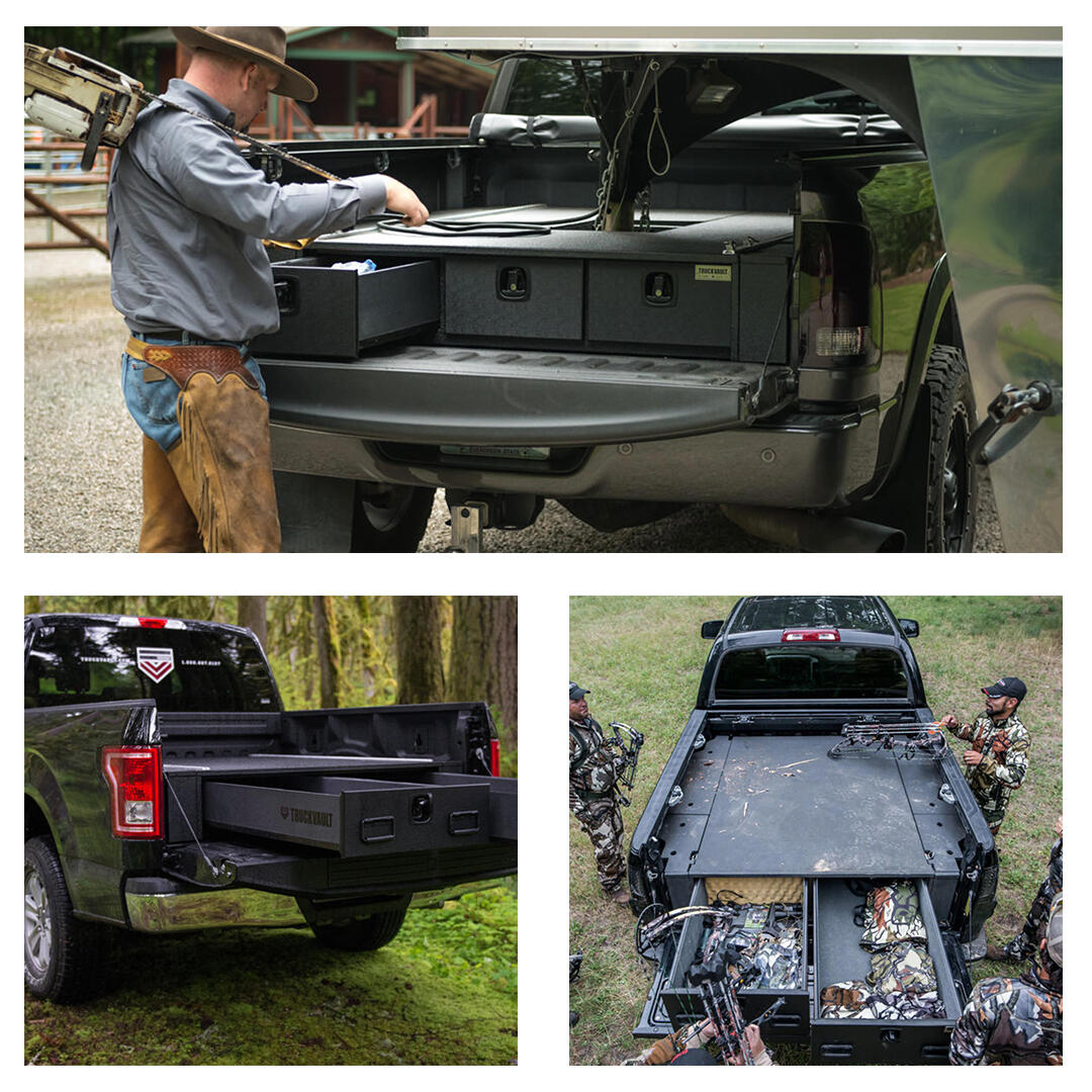 collage showing pickup truck options of TruckVault secure truck bed storage including gooseneck and weatherproof all weather line