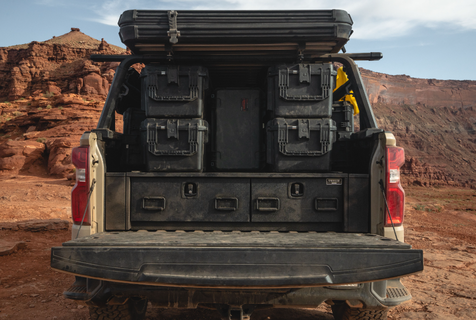 2023 Chevrolet Silverado 1500 All-Weather Offset TruckVault Drawers Rear Direct View with boxes stacked on top of the vault.