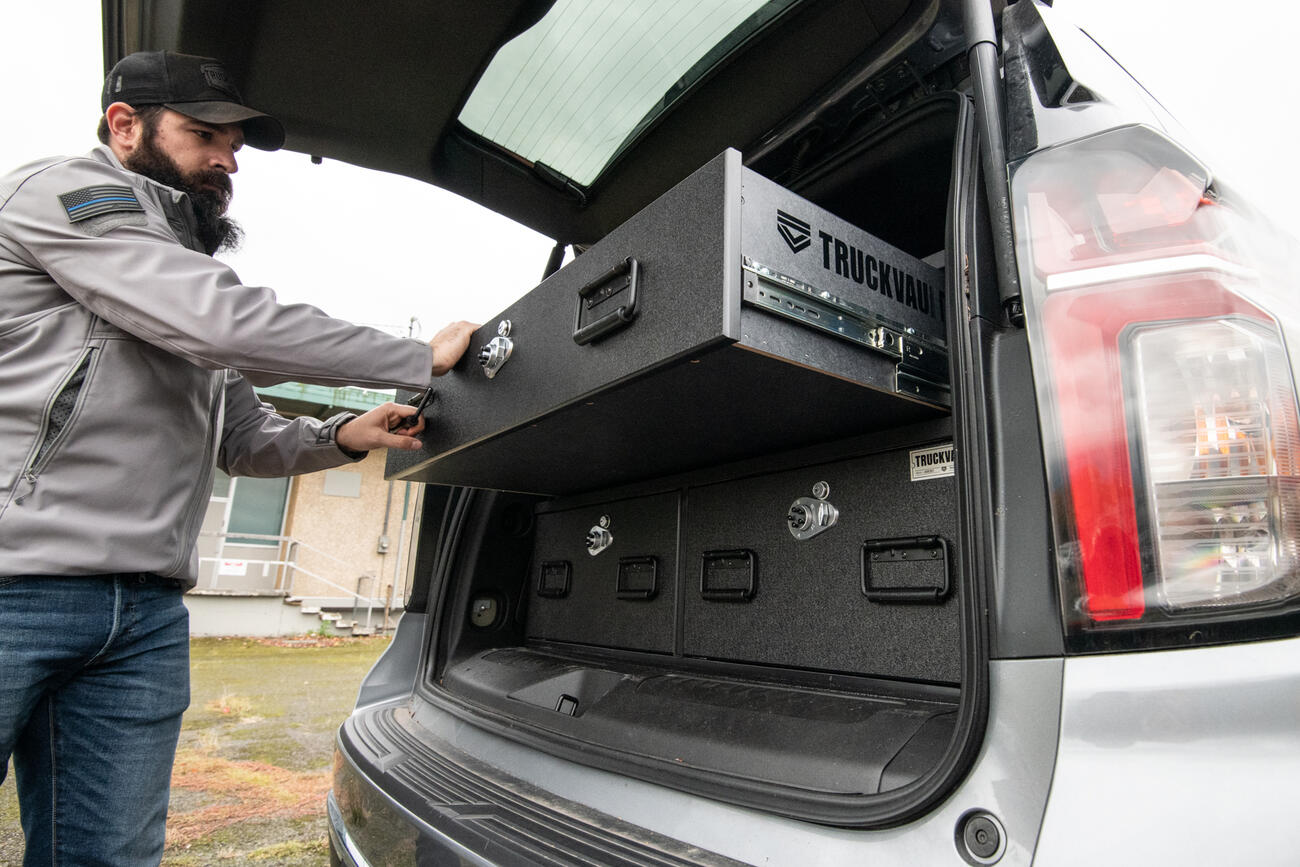 2021 Chevy Tahoe with a TruckVault secure drawer system.