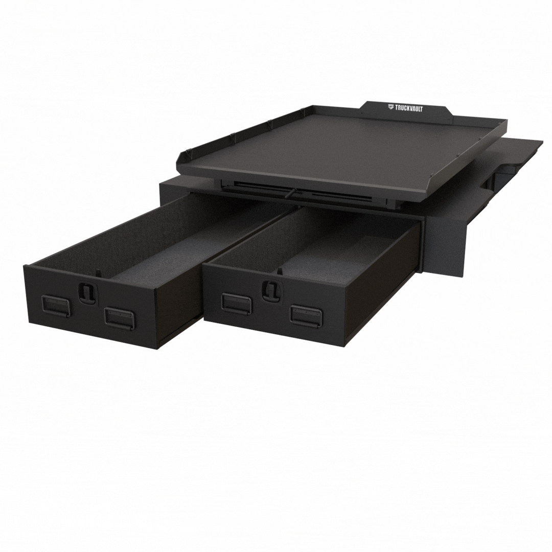 TruckGlide Full-Width unit shown extending while installed atop a TruckVault drawer system