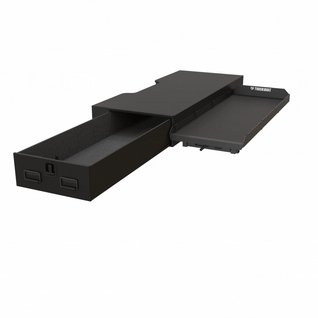 TruckGlide Half-Width unit shown extending while installed next to a Half-Width TruckVault drawer system