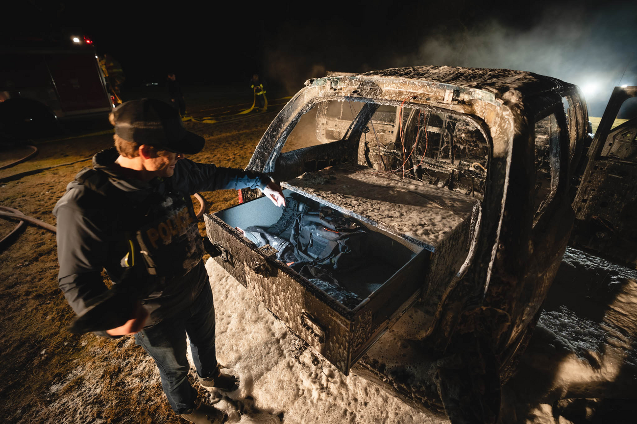 Durango burnt with TruckVault installed inspecting damage and interior of drawer remains untouched