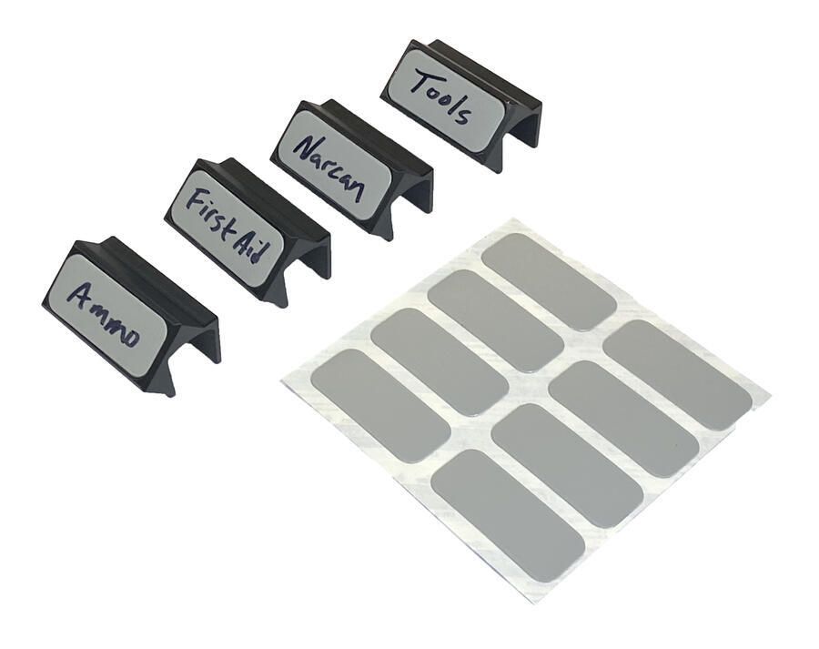 4 TruckVault drawer Divider labels displayed with a sheet of 8 adhesive labels beside them