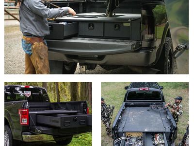 collage showing pickup truck options of TruckVault secure truck bed storage including gooseneck and weatherproof all weather line
