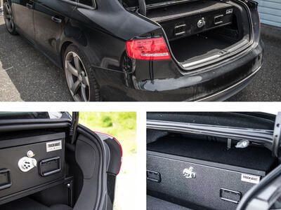 Collage showing sedan options for TruckVault secure storage solutions for sedans