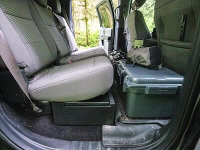 side view of SeatVault under seat in pickup truck