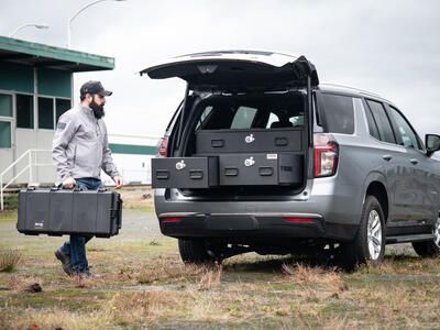 2021 Chevy Tahoe with an Investigator TruckVault secure storage system.