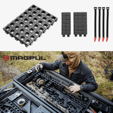 DAKA® panel with blocks and gear straps shown over an in-use image of a man unloading a rifle from a TruckVault drawer outfitted with a DAKA® Universal Grid Organizer  